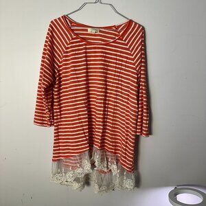 EUC Kori America Plus Womens Orange White Stripe Shirt Lace 1XL 1 XL